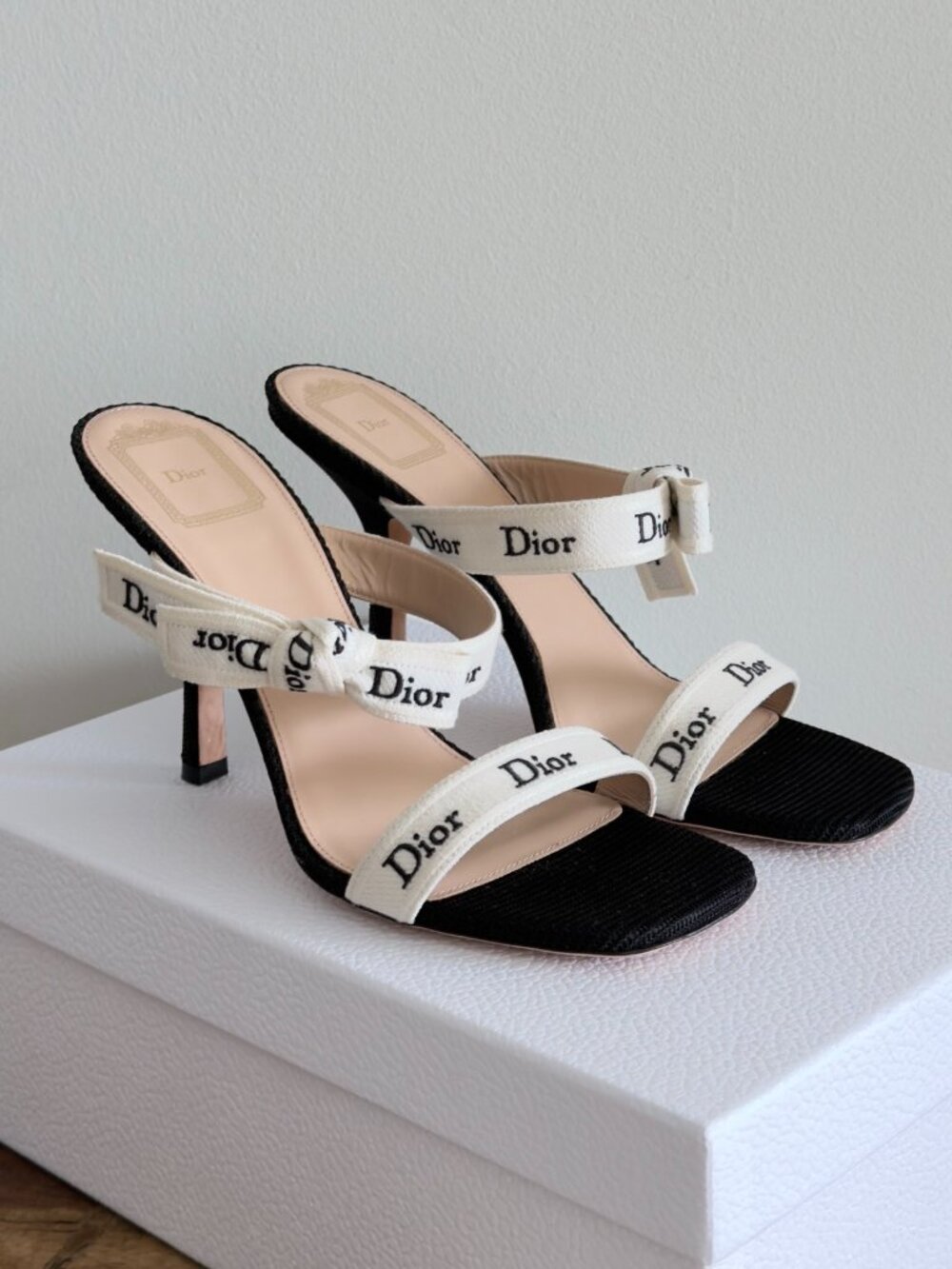 Christain Dior Heeled Sandal with J'Adior Straps Black Embroidered Cotton, 39.5 - Picture 1 of 13
